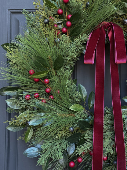 Christmas Greenery & Red Berry Wreath with Red Velvet Ribbon