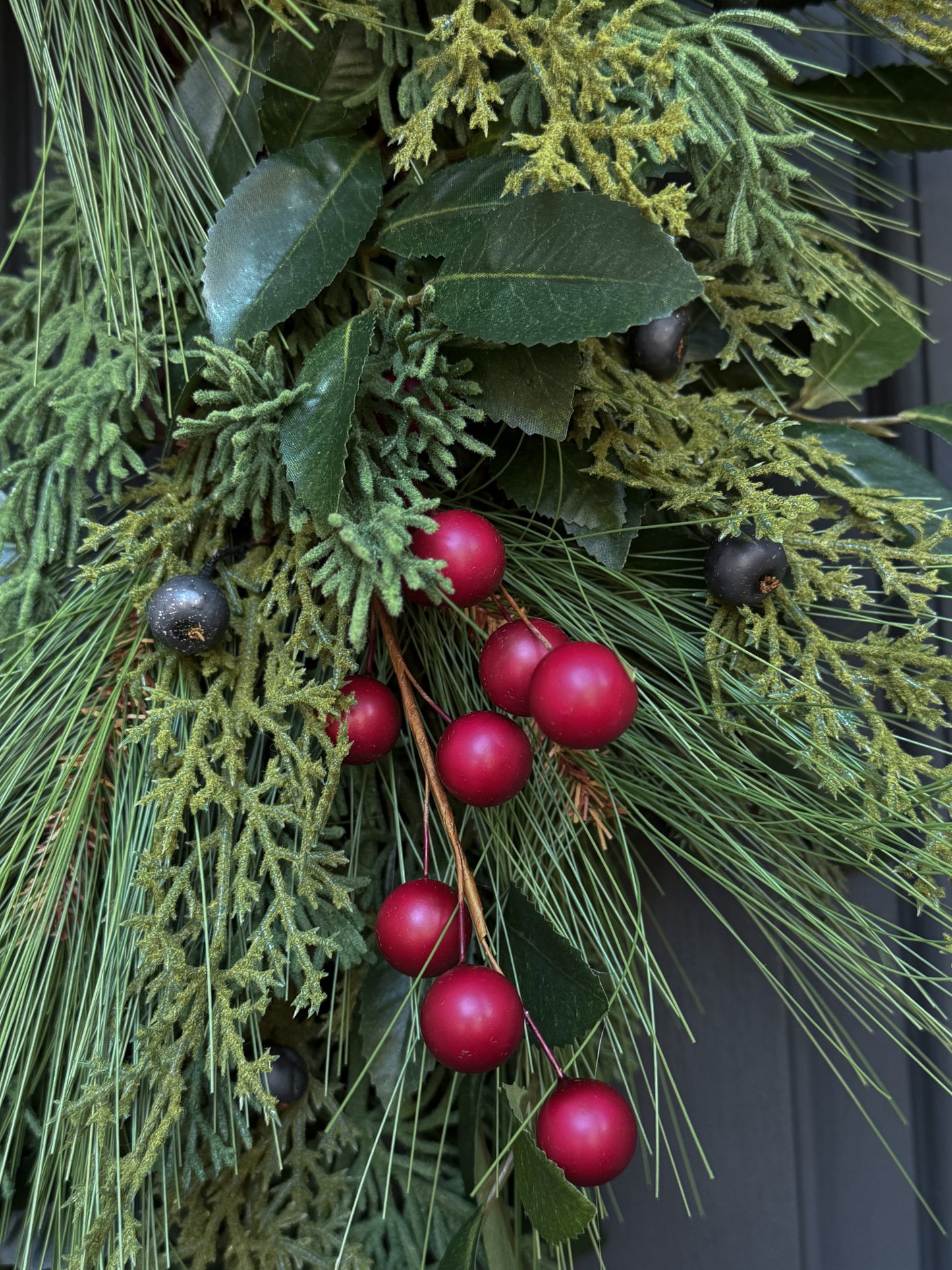 Christmas Greenery & Red Berry Wreath with Red Velvet Ribbon