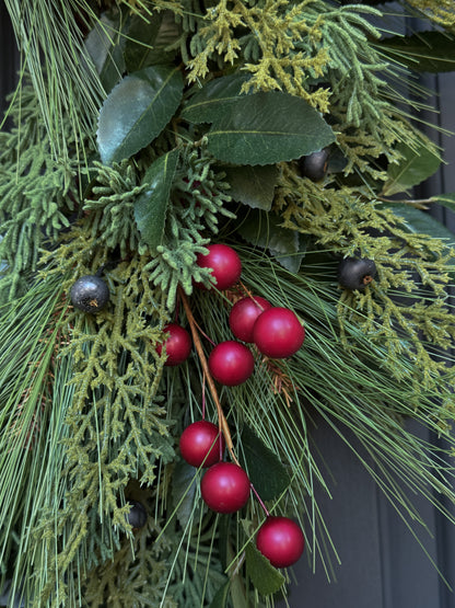 Christmas Greenery & Red Berry Wreath with Red Velvet Ribbon