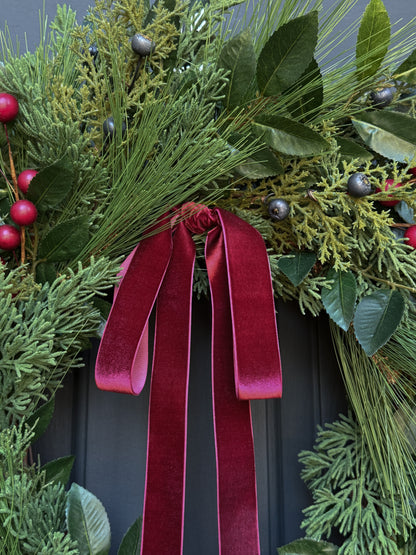 Christmas Greenery & Red Berry Wreath with Red Velvet Ribbon