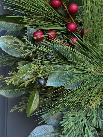 Christmas Greenery & Red Berry Wreath with Red Velvet Ribbon
