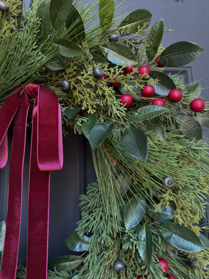 Christmas Greenery & Red Berry Wreath with Red Velvet Ribbon