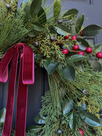 Christmas Greenery & Red Berry Wreath with Red Velvet Ribbon