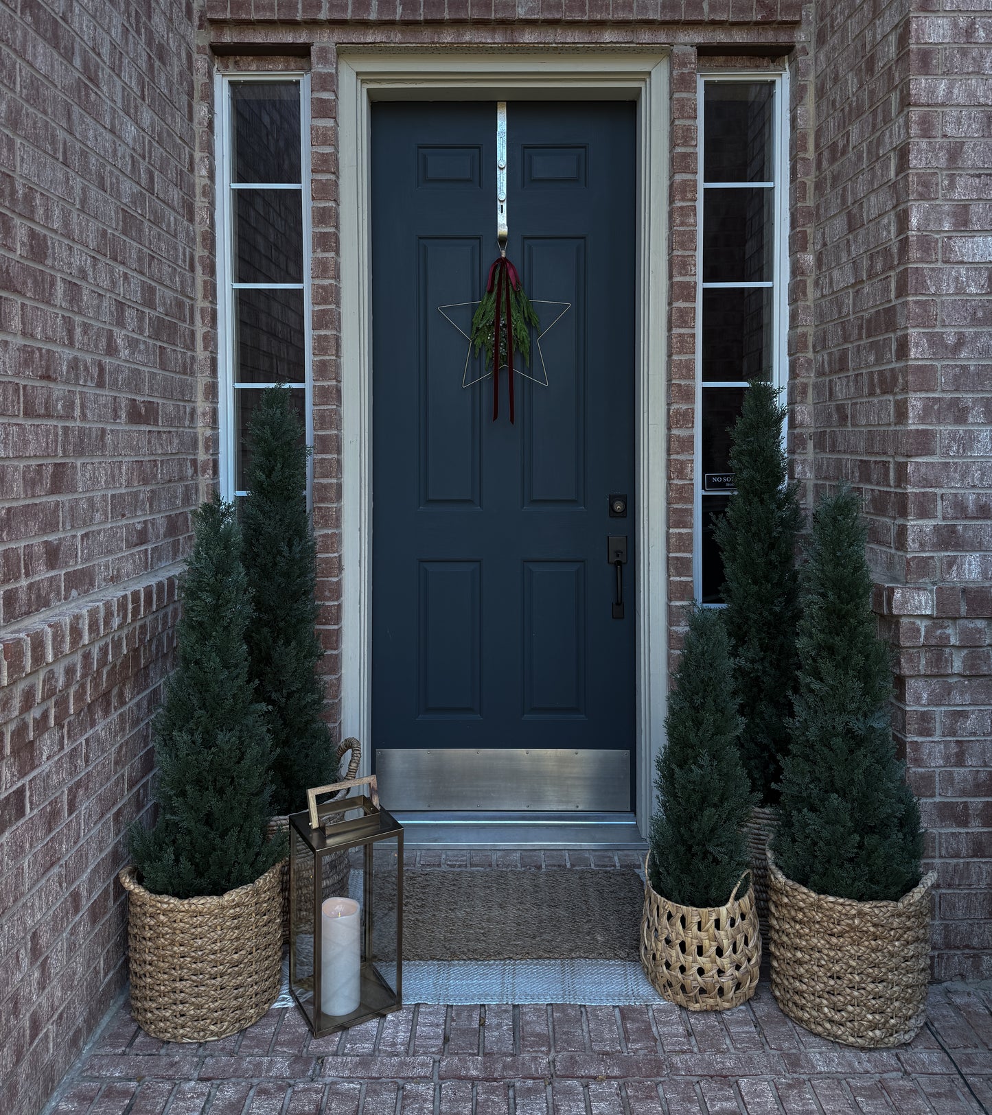 Modern Star Wreath with Greenery and Red Velvet Ribbon