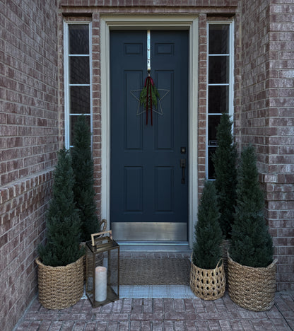 Modern Star Wreath with Greenery and Red Velvet Ribbon
