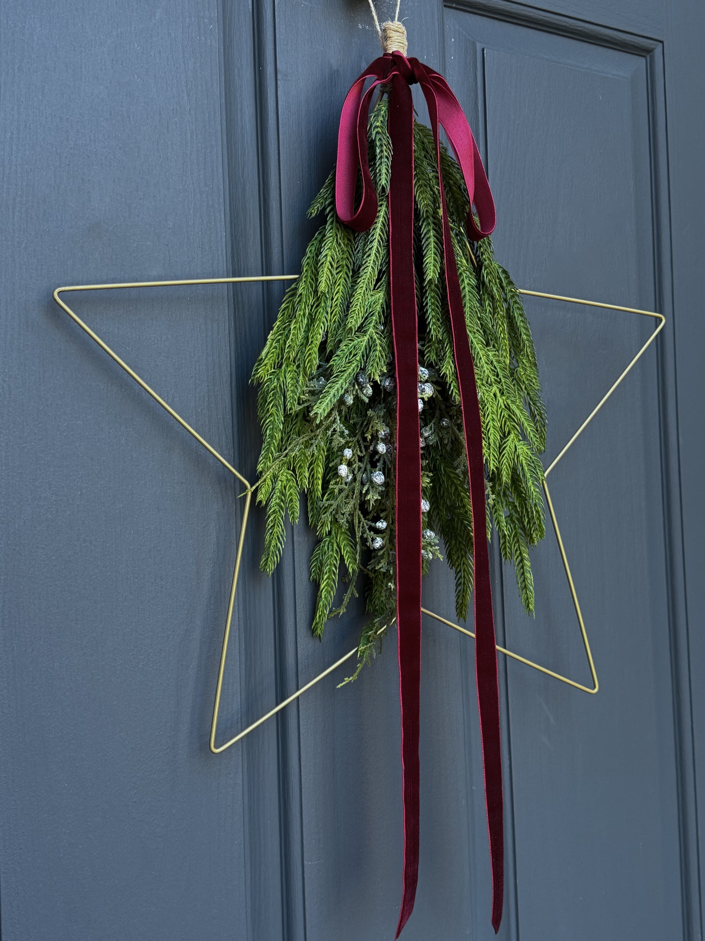 Modern Star Wreath with Greenery and Red Velvet Ribbon