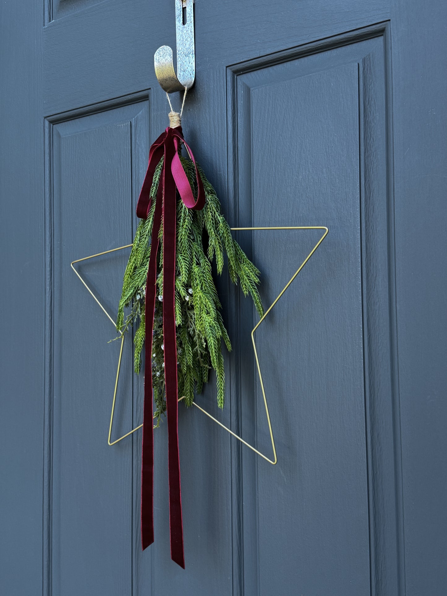 Modern Star Wreath with Greenery and Red Velvet Ribbon