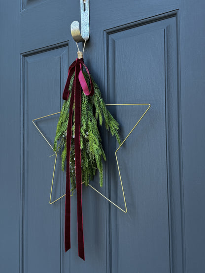 Modern Star Wreath with Greenery and Red Velvet Ribbon