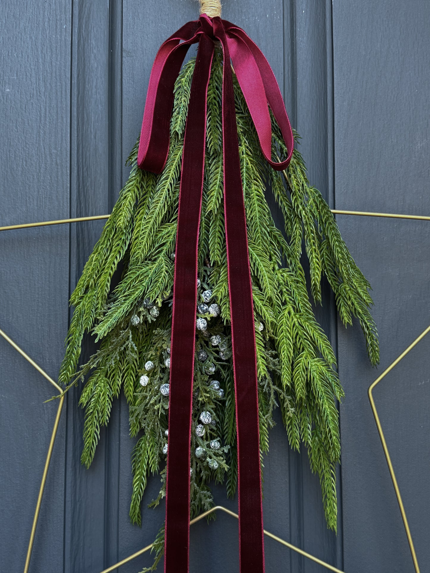 Modern Star Wreath with Greenery and Red Velvet Ribbon