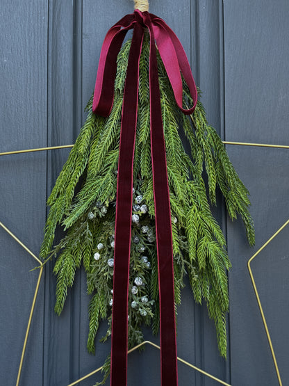 Modern Star Wreath with Greenery and Red Velvet Ribbon