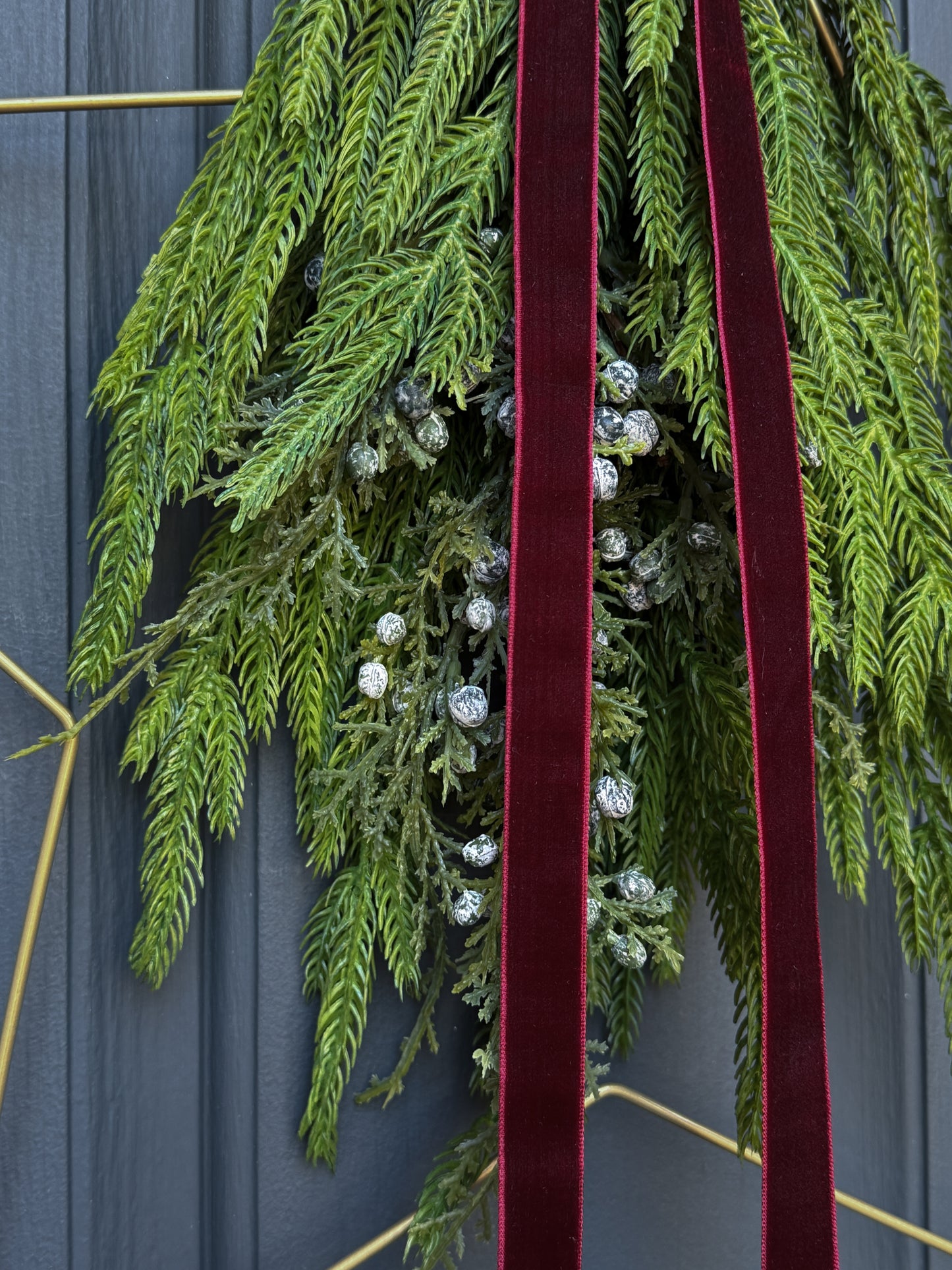 Modern Star Wreath with Greenery and Red Velvet Ribbon