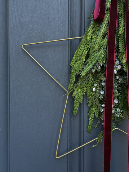 Modern Star Wreath with Greenery and Red Velvet Ribbon