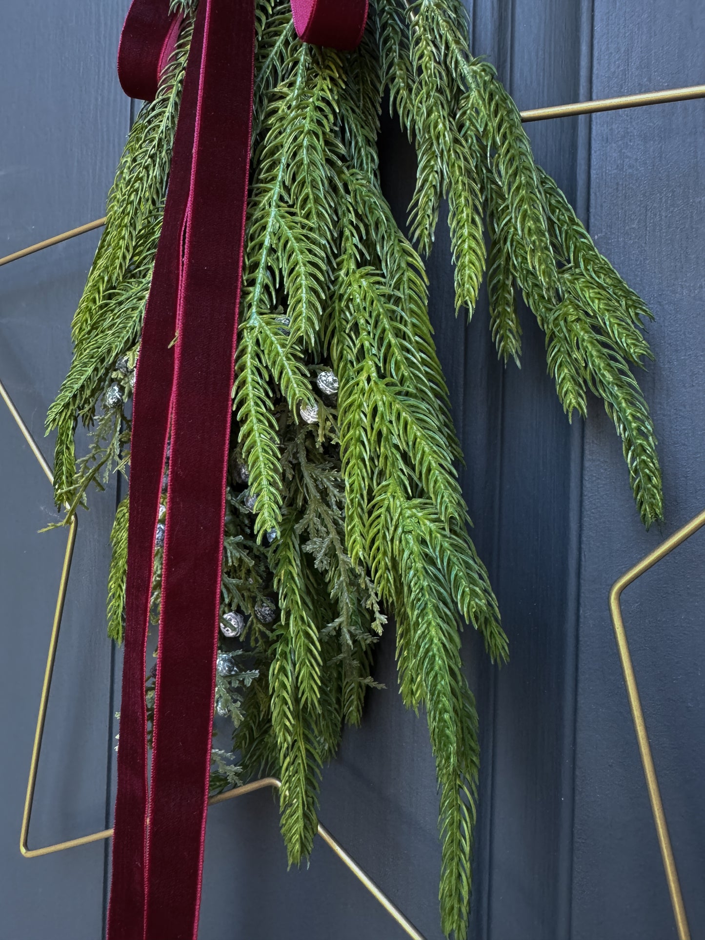 Modern Star Wreath with Greenery and Red Velvet Ribbon