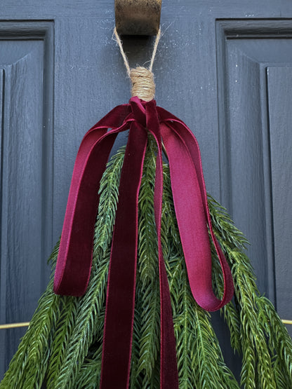 Modern Star Wreath with Greenery and Red Velvet Ribbon