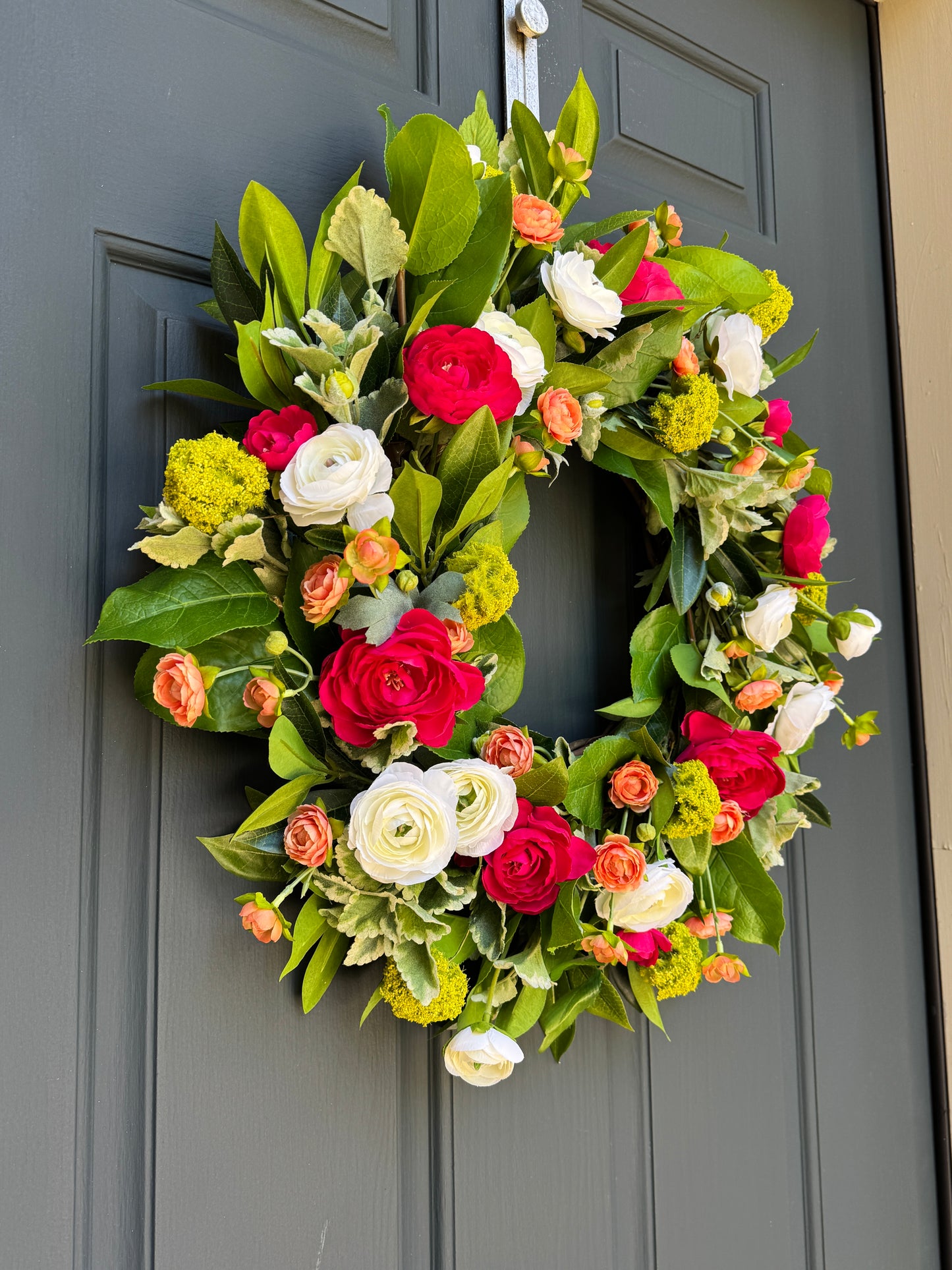 Bright Spring Summer Wreath with Pink Ranunculus and Lush Greenery
