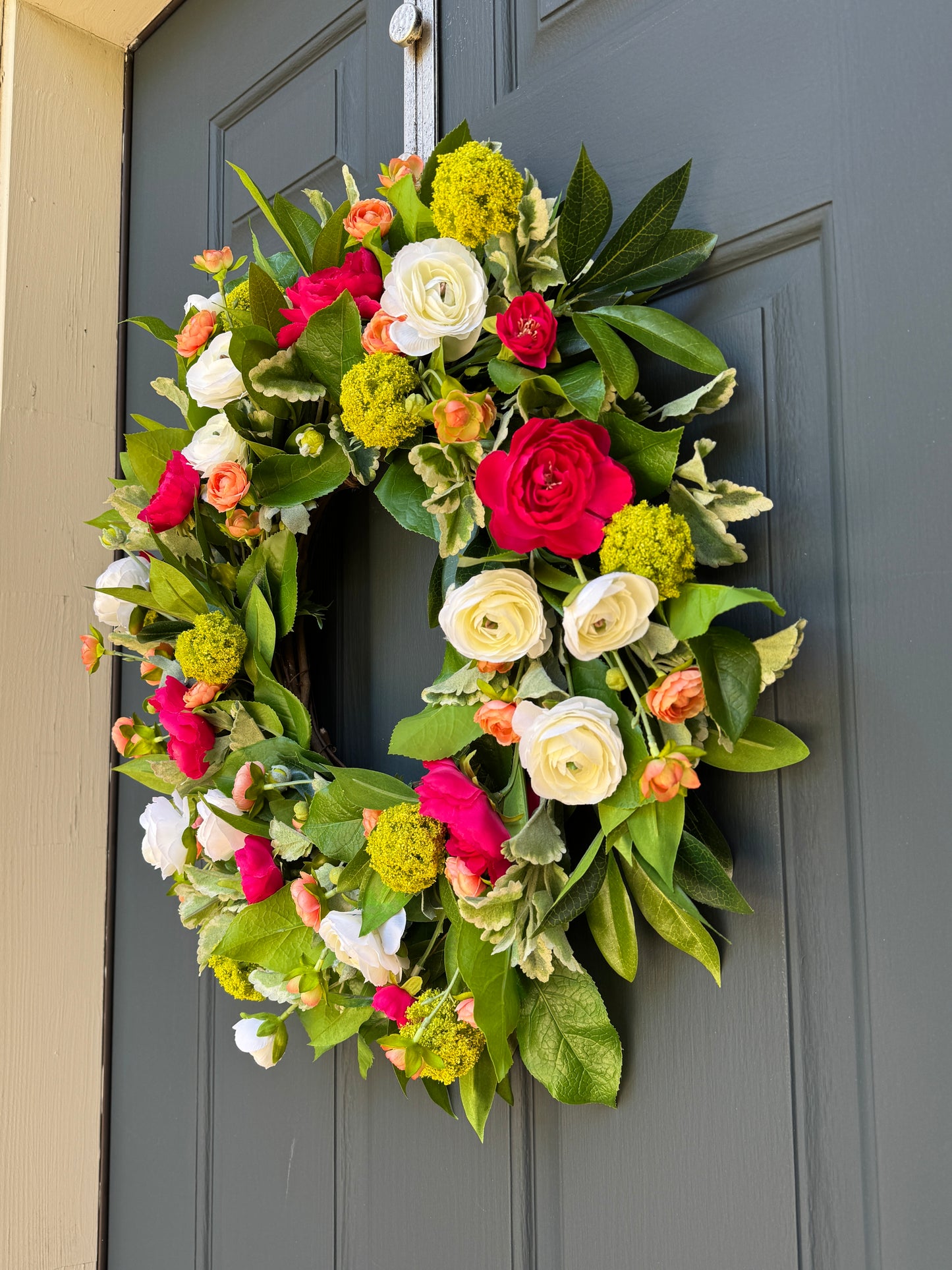 Bright Spring Summer Wreath with Pink Ranunculus and Lush Greenery
