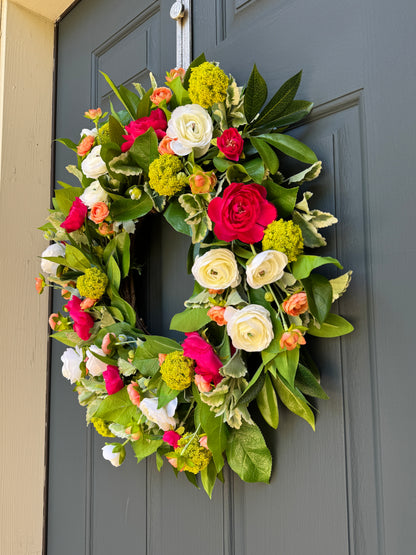 Bright Spring Summer Wreath with Pink Ranunculus and Lush Greenery