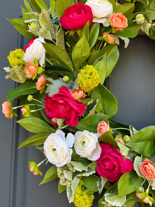 Bright Spring Summer Wreath with Pink Ranunculus and Lush Greenery