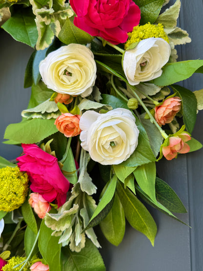Bright Spring Summer Wreath with Pink Ranunculus and Lush Greenery