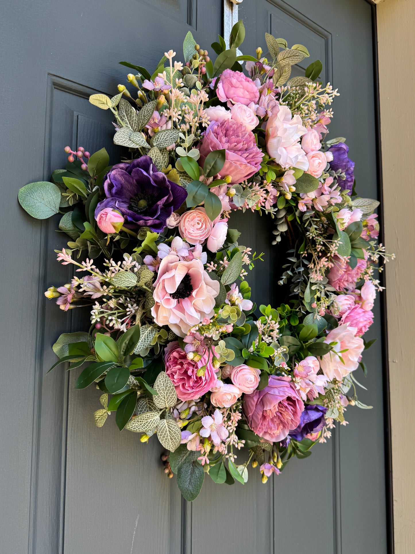 Pink and Purple Spring Summer Wreath with Ranunculus, Anemone, and Layered Greenery