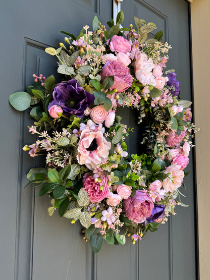 Pink and Purple Spring Summer Wreath with Ranunculus, Anemone, and Layered Greenery