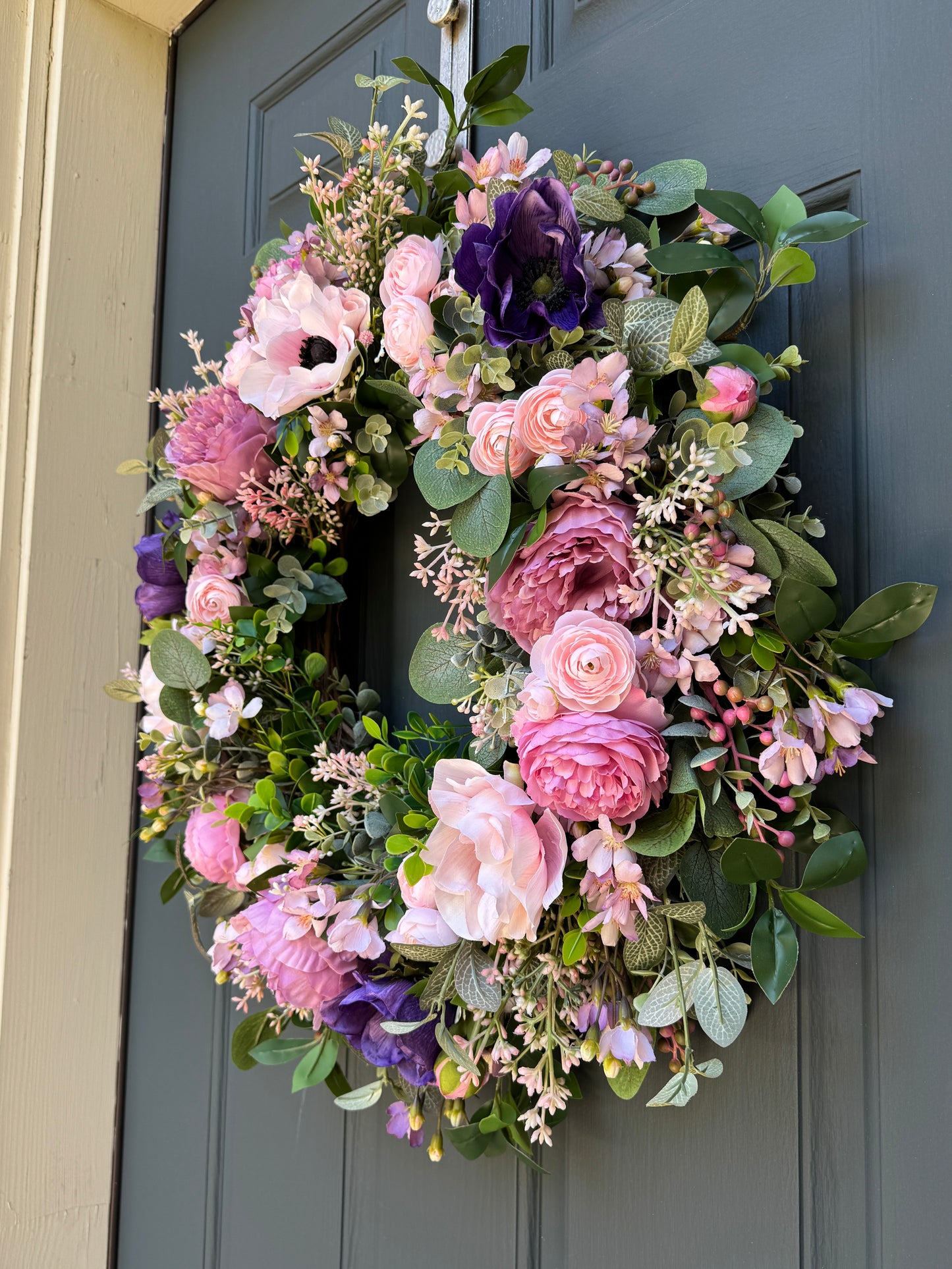 Pink and Purple Spring Summer Wreath with Ranunculus, Anemone, and Layered Greenery