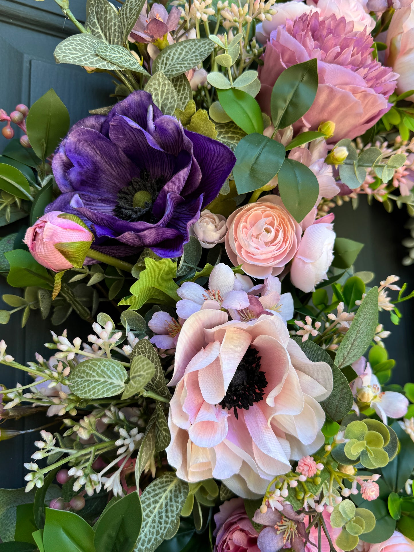 Pink and Purple Spring Summer Wreath with Ranunculus, Anemone, and Layered Greenery