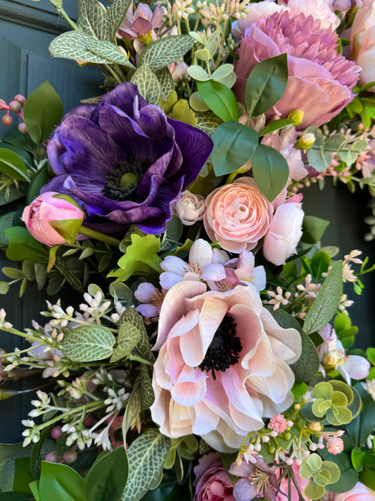 Pink and Purple Spring Summer Wreath with Ranunculus, Anemone, and Layered Greenery