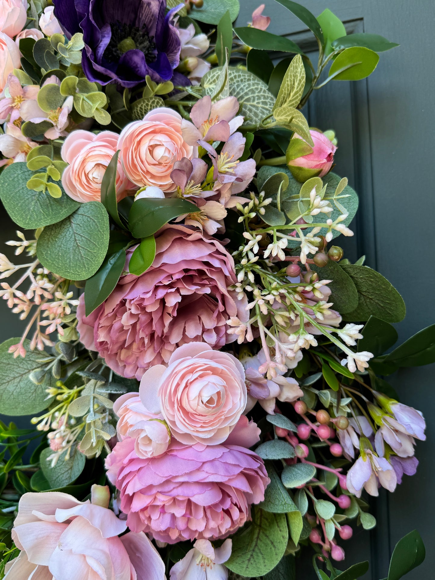 Pink and Purple Spring Summer Wreath with Ranunculus, Anemone, and Layered Greenery