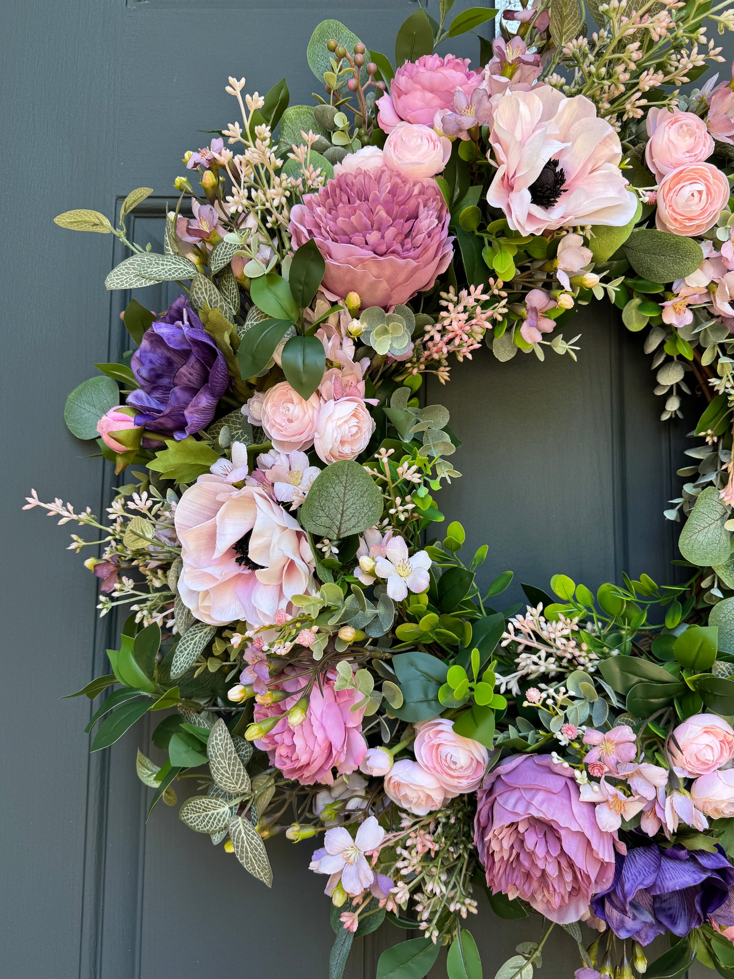 Pink and Purple Spring Summer Wreath with Ranunculus, Anemone, and Layered Greenery