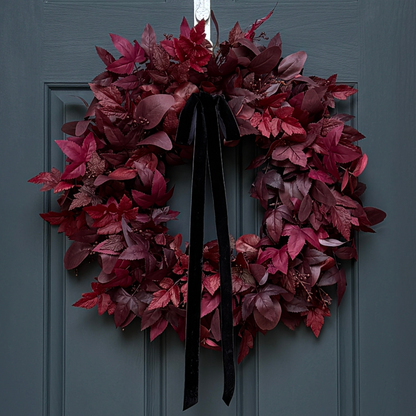 Red leaf wreath with a black ribbon on a gray door