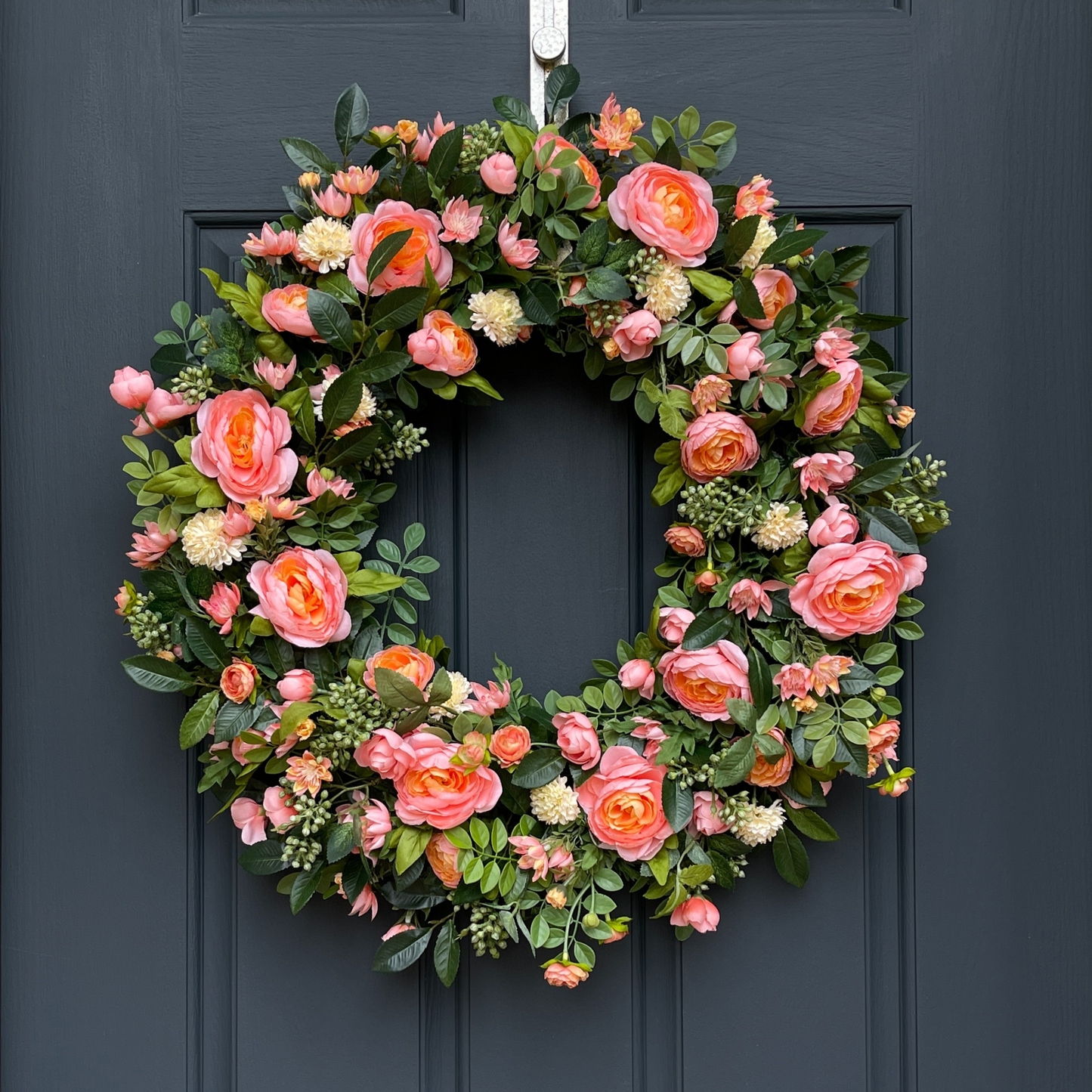 Peach Ranunculus, Mini Rose & Pale Yellow Pom-Pom Spring Wreath