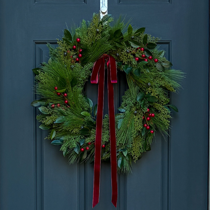 Christmas Greenery & Red Berry Wreath with Red Velvet Ribbon