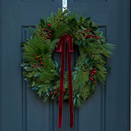 Christmas Greenery & Red Berry Wreath with Red Velvet Ribbon
