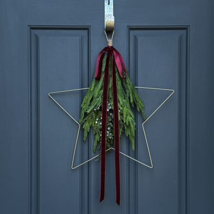Modern Star Wreath with Greenery and Red Velvet Ribbon