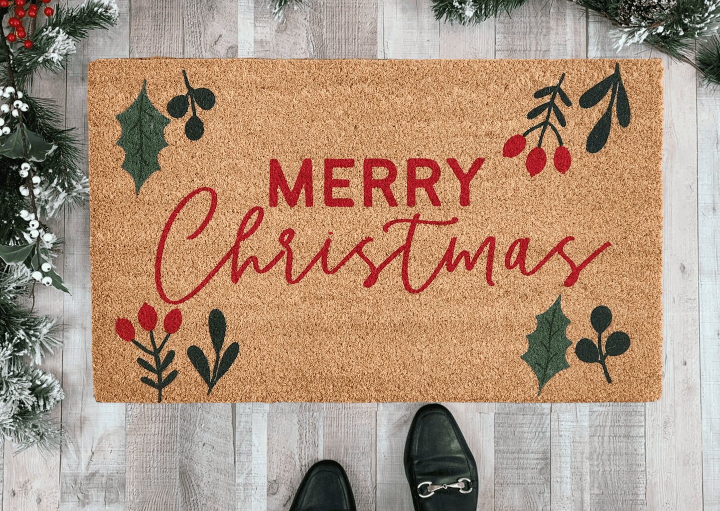 Merry Christmas Doormat with Greenery