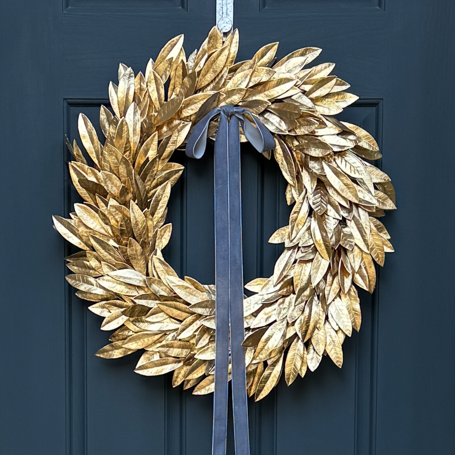 Gold Bay Leaf Christmas Wreath with Black Velvet Bow