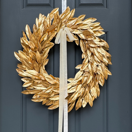 Gold Bay Leaf Christmas Wreath with Ivory Velvet Bow