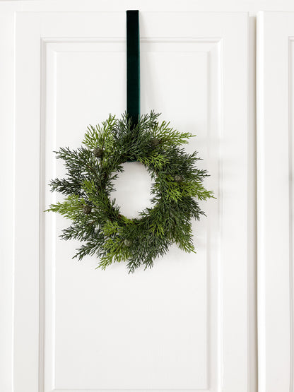 Mini Cedar Christmas Wreath Set with Red & White Striped Ribbon