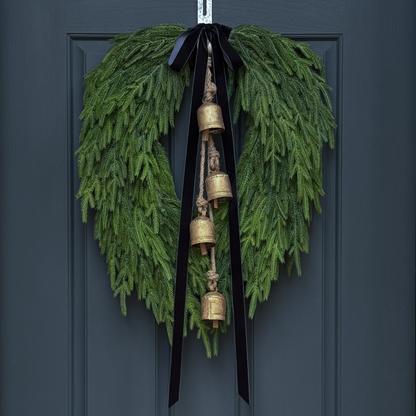 Green wreath with gold bells and black ribbon on a dark blue door