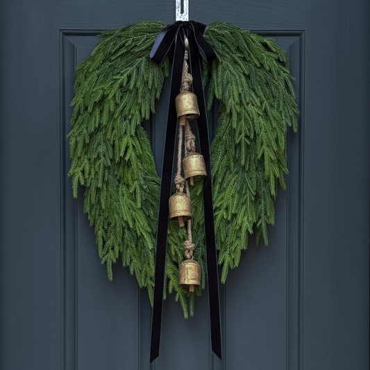 Green wreath with gold bells and black ribbon on a dark blue door