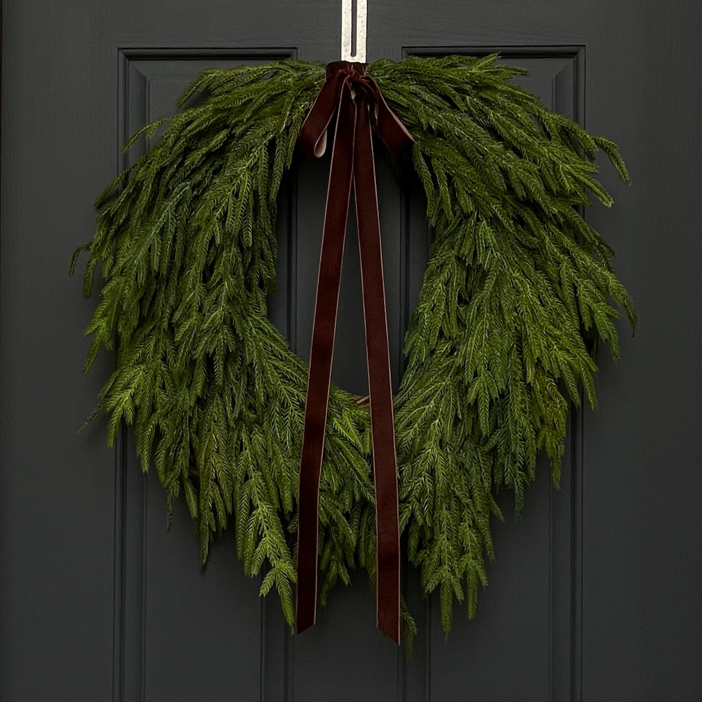 Faux Norfolk Pine Wreath with Dark Brown Velvet Bow