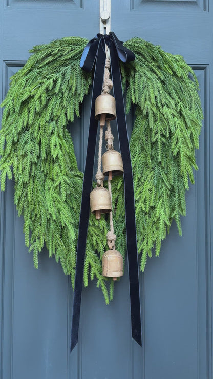 Faux Norfolk Pine Wreath with Bells & Navy Blue Velvet Bow