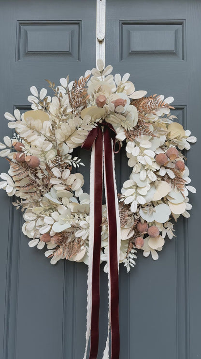 Neutral Fall Eucalyptus Wreath with Beige Leaves & Brown Velvet Ribbon