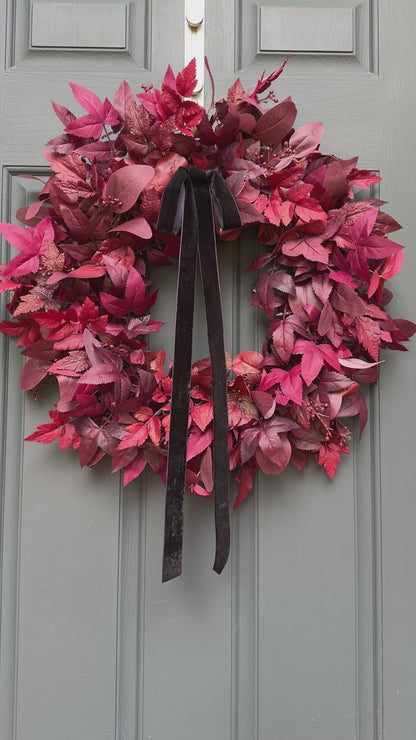 Moody Burgundy Fall & Halloween Wreath with Black Velvet Bow