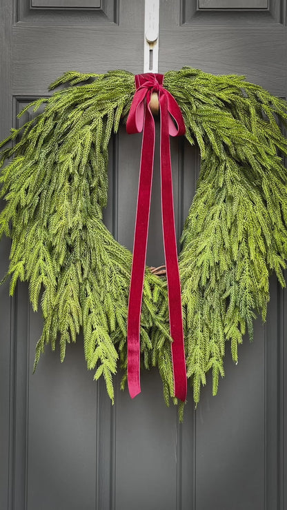 Faux Norfolk Pine Wreath with Red Velvet Bow