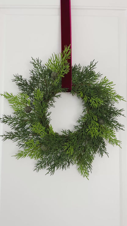 Mini Cedar Christmas Wreath Set with Burgundy Velvet Ribbon