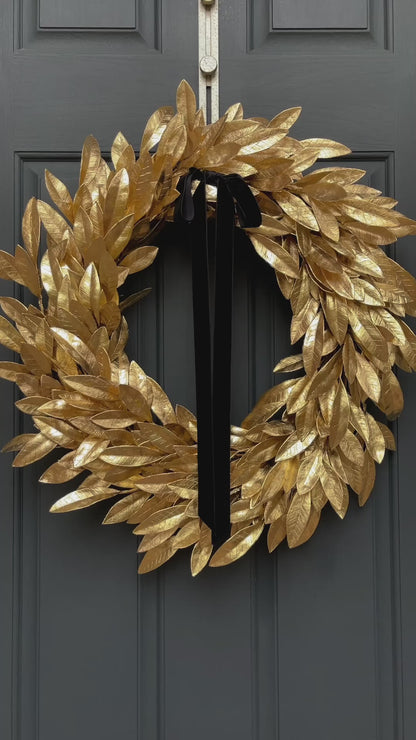 Gold Bay Leaf Christmas Wreath with Black Velvet Bow