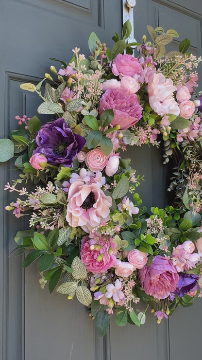Pink and Purple Spring Summer Wreath with Ranunculus, Anemone, and Layered Greenery