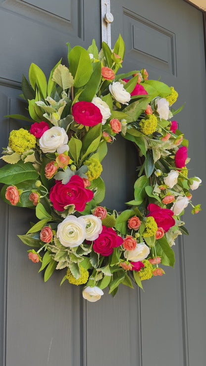Bright Spring Summer Wreath with Pink Ranunculus and Lush Greenery